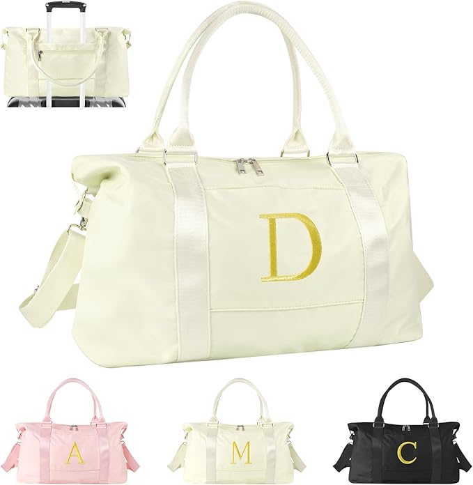 Personalized Initial Gym Dance Bag, Travel Duffel Bag for Teen Girls, Carry On Bag Overnight Weekender Bag with Trolley Sleeve, Birthday Gifts for Women Mom Daughter Graduation Gift(Letter D, Beige)