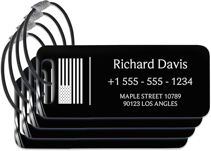 Personalized Luggage Tags for Suitcases 4 Pack - Stainless Steel Custom Luggage Tags for Backpacks & Bags, Sturdy, Waterproof & Heavy Duty (Black / 3" x 1.25")