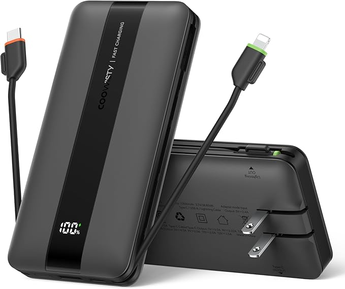 Portable Charger with Wall Plug, Fast Charging Power Bank Built-in Cables, Slim 10500mAh 22.5W 4 Outputs 3 Inputs LED Display External Battery Pack Compatible with iPhone/Android (Black)