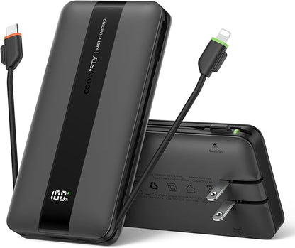 Portable Charger with Wall Plug, Fast Charging Power Bank Built-in Cables, Slim 10500mAh 22.5W 4 Outputs 3 Inputs LED Display External Battery Pack Compatible with iPhone/Android (Black)