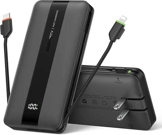 Portable Charger with Wall Plug, Fast Charging Power Bank Built-in Cables, Slim 10500mAh 22.5W 4 Outputs 3 Inputs LED Display External Battery Pack Compatible with iPhone/Android (Black)