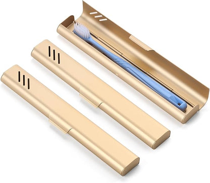 Travel Toothbrush Case, 2Pack Portable Toothbrush Holders, Durable Aluminum Toothbrush Storage Box, Small Breathable Manual Toothbrush Container for Traveling, Camping, Business Trip - Gold