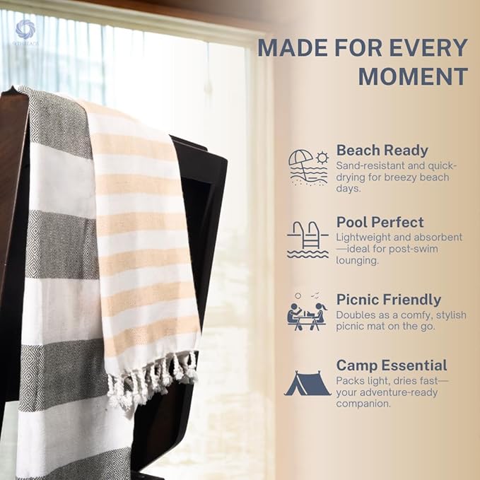 Cotton Turkish Beach Towel with Towels Oversized 36"x72" Pool Absorbent Extra Large Quick Dry Sand Travel Towel (Sage & Sand, 4 Pack)