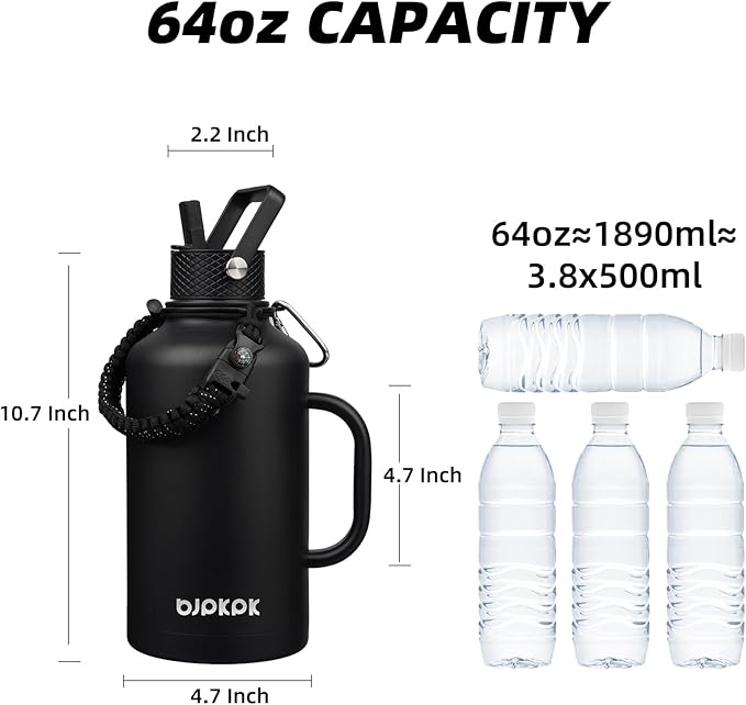 BJPKPK Half Gallon Insulated Water Bottles with Straw Lid & Side Handle, 50oz, 64oz, 87oz, 128oz Large, Stainless Steel Water Bottles with 3 Lids and Paracord Strap, Metal Water Jug,Black