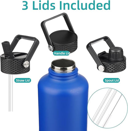 Insulated Water Bottle with Straw,87 oz 3 Lids Water Jug with Carrying Bag,Paracord Handle,Double Wall Vacuum Stainless Steel Metal Flask,Blue