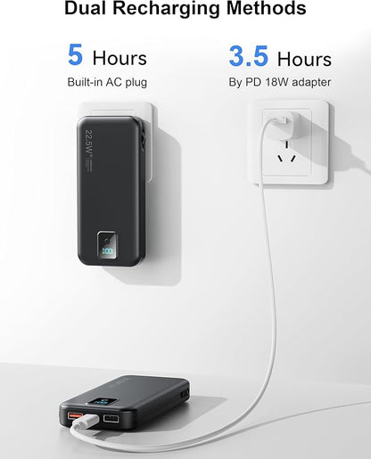 Portable Charger, 12000mAh 22.5W Fast Charging Power Bank with Built-in Cables & Wall Plug, Travel Essentials Battery Pack with LED Display, USB C External Battery Bank for iPhone iPad, Samsung Black