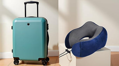 Airplane Travel Neck Pillow, 100% Memory Foam Ergonomic Neck Support, Airplanes Neck Pillow with Washable Cover Travel Essential for Flight Car & Office Includes Eye Masks, Earplugs & Carry Bag (Blue)