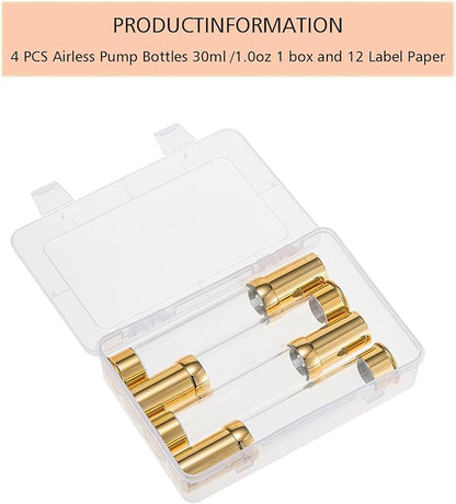 1oz travel bottles 30ml, 4 pcs,Golds clear travel bottles,Airless pump bottles,DIY travel bottle set cosmetic containers Included， Gift Box，With labels,refillable cosmetic containers
