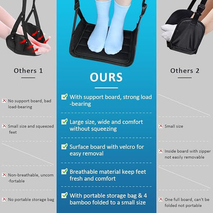 Foot Hammock for Plane Travel, Upgraded Wide Airplane Foot Hammock with Detachable Hardboard, Portable Footrest for Air Travel Essentials Long Flights Flying, Adjustable Foot Rest Leg Hammock