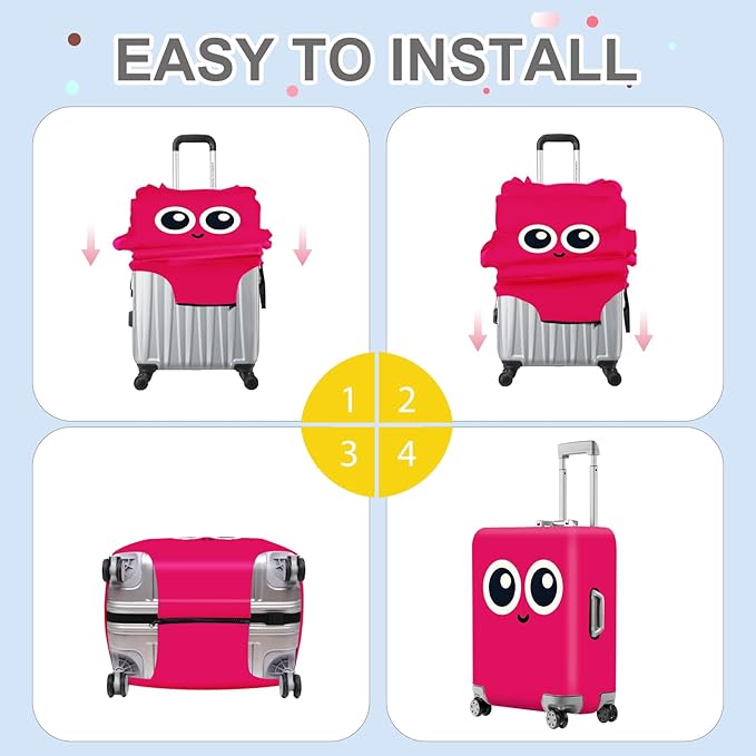 ANNA QUEEN Cute Smiley Face Luggage Cover, Pink Cartoon Suitcase Protector with Big Eyes Design, Stretchable, Washable Travel Cover for 32-34 Inch Luggage