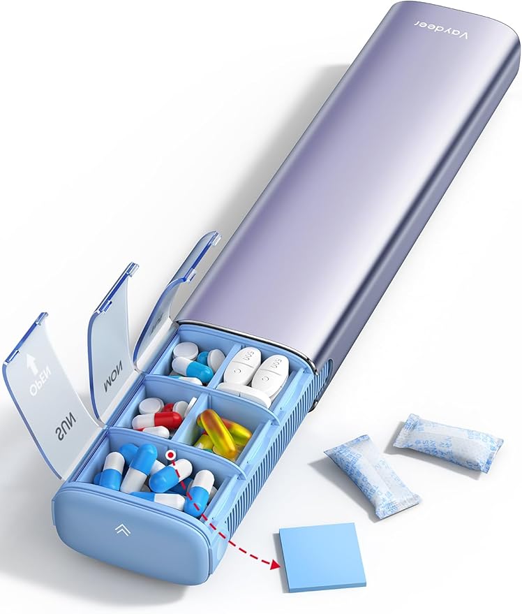 VAYDEER Metal Weekly Pill Organizer – Moisture-Proof Travel Pill Organizer with Built-in Desiccant Chamber and Airtight Lids – Large-Capacity Pill Box for Vitamins, Medicines & Supplements (Purple)