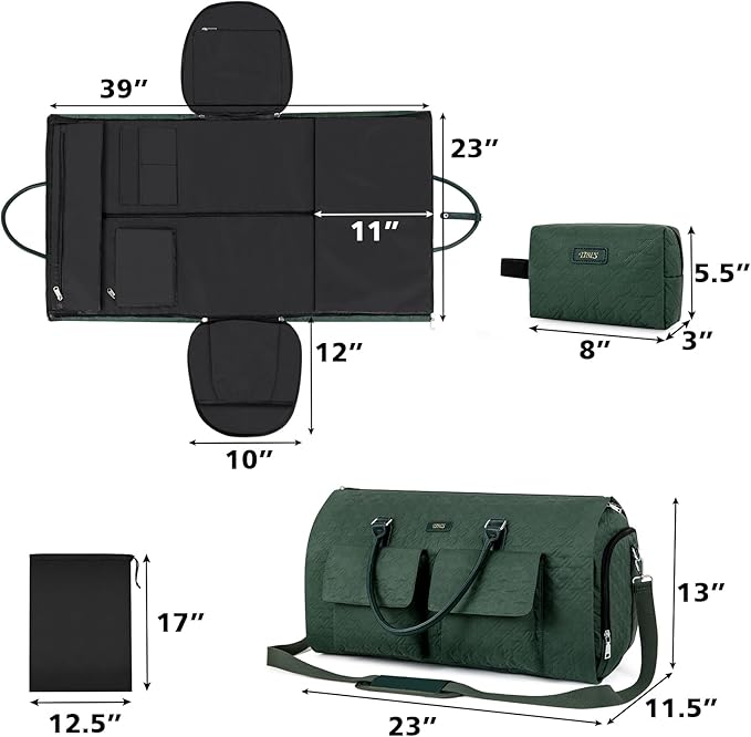 Garment Bag for Travel With Toiletry Bag Convertible Carry On Weekender Bag Large Travel Duffel Bags for Women 2 in 1 Hanging Suitcase Suit Travel Bags for Women & Men 3pcs Set (H-Green)