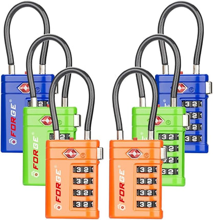 Forge TSA Approved Luggage Locks 4 Digit Combination TSA Travel Locks with TSA008, Open Alert Indicator, Zinc Alloy Body for Luggage, Suitcase, Backpack, and More. 3 Color 6 Locks.