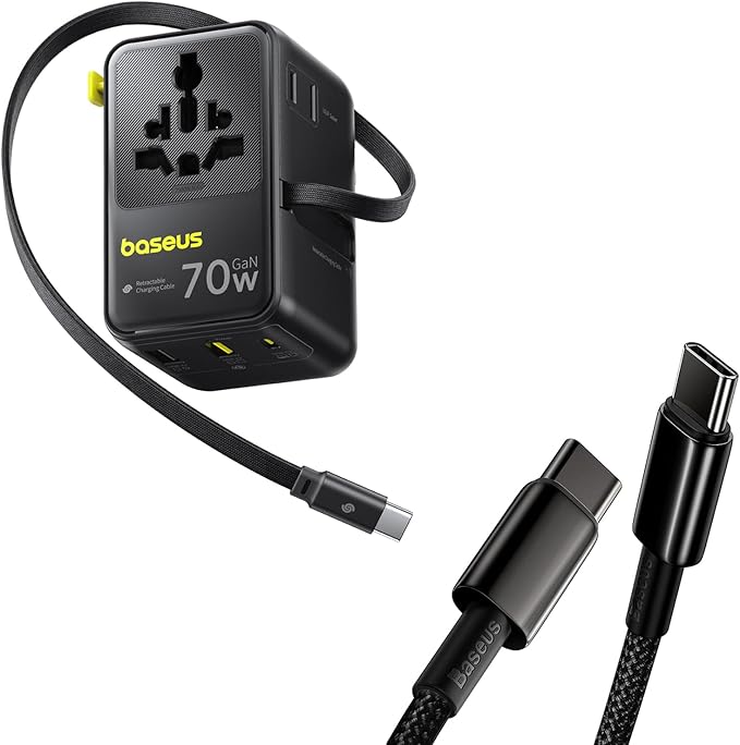 Baseus USB C Cable 100W 70W Universal Travel Adapter with Retractable Cable