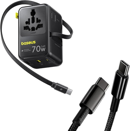 Baseus USB C Cable 100W 70W Universal Travel Adapter with Retractable Cable