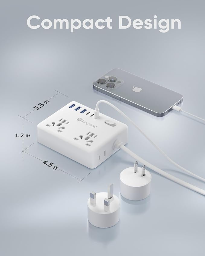 Universal Travel Adapter, Kakyanill European Travel Plug Adapter, EU/UK/AU/Plug Adapter, 4 AC Outlets, 6 USB Ports (3 USB C), 5ft Flat Extension Cord, Compact for Travel