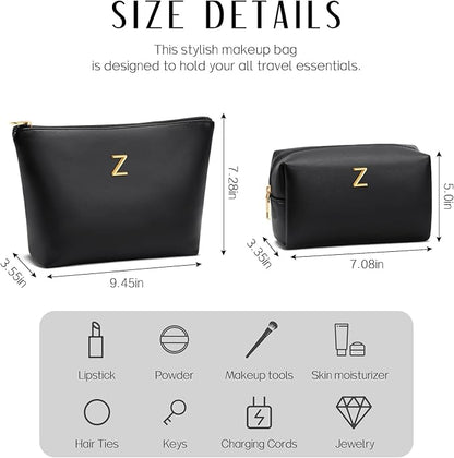 Women Gifts | Initial Makeup Bag Set for Girl Personalized Gifts for Bridesmaid Friend Graduation Teachers PU Leather Cosmetic Travel Toiletry Bag(Black,Z)