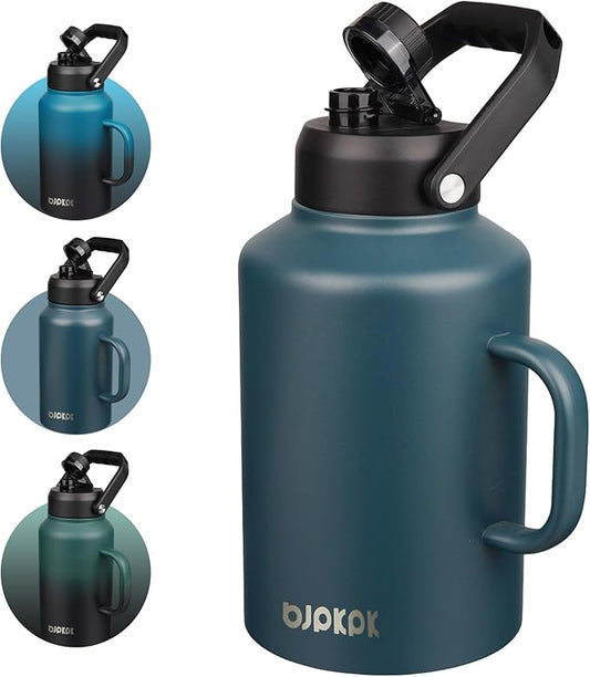 BJPKPK 1 Gallon Water Bottle with Handle, Large Dishwasher Safe 128oz Insulated Water Bottle, BPA Free Water Jug, Wide Mouth Metal Flasks with Anti-slip Bottom, Keep Cold & Hot,Navy Blue