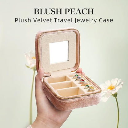 TAIMY Travel Jewelry Case,Small Plush Velvet Travel Jewelry organizer,Portable Mini Travel Jewelry Boxes for Rings Earrings Necklaces Bracelets(Blush Peach,with Mirror)