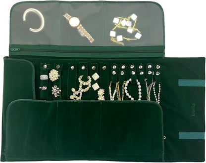 UnionPlus Velvet Travel Jewelry Case Roll Bag Organizer for Necklace Bracelet Earrings Ring, 6 PVC Pockets, Blackish Green Upgrade Version