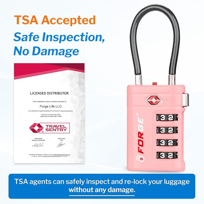 Forge TSA Approved Luggage Locks 4 Digit Combination TSA Travel Locks with TSA008, Open Alert Indicator, Zinc Alloy Body for Luggage, Suitcase, Backpack, and More.4 Colors 4 Locks with Pink.