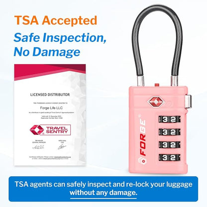 Forge TSA Approved Luggage Locks 4 Digit Combination TSA Travel Locks with TSA008, Open Alert Indicator, Zinc Alloy Body for Luggage, Suitcase, Backpack, and More.4 Colors 4 Locks with Pink.