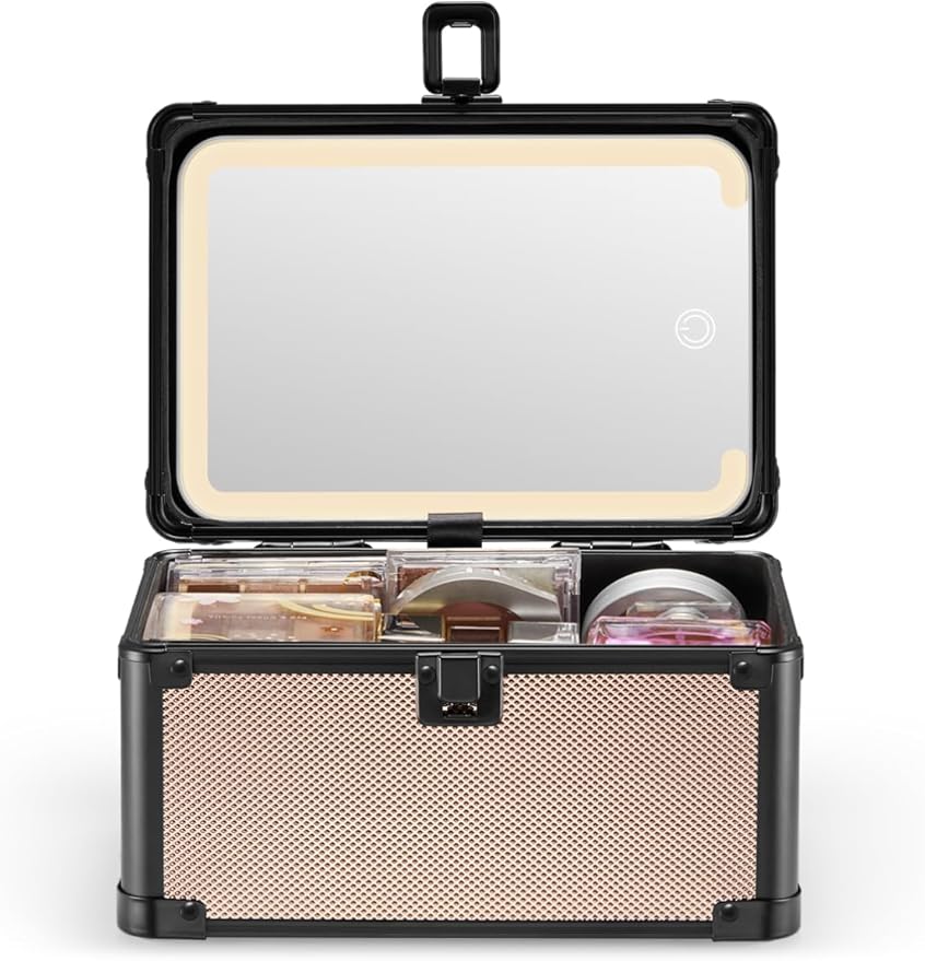Qislee Makeup Box Mini with A Detachable Lighted Mirror, Waterproof Small Makeup Case,Cosmetic Organizer and Travel Train Case with Magnetic LED Mirror(Black Frame Rose Gold)
