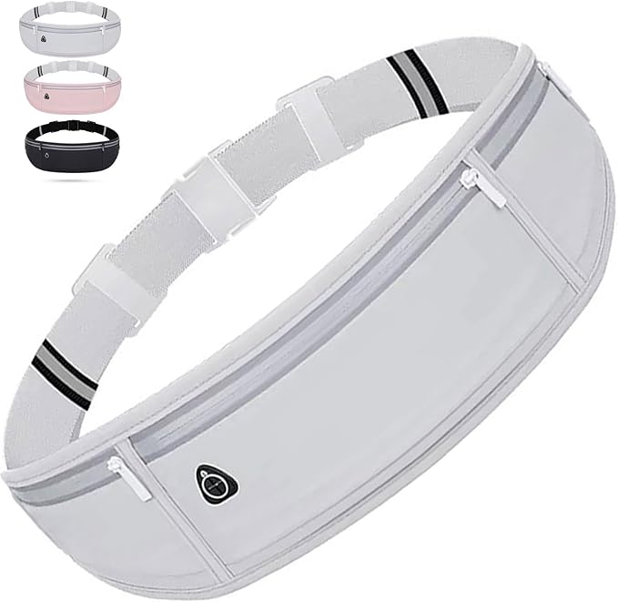 Slim phone Running Belt，Zipper Waterproof Running Waist Pack, Reflective Running Fanny Pack With 3 Separate pouch，Runner Belt for Slim Running Walking Cycling Camping Gym Light (grey)