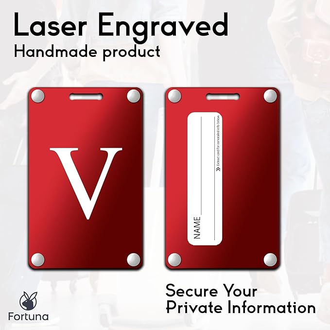 Premium 3-Layer Aluminum Luggage Tags by Fortuna - Easy to Claim, Laser-Engraved, Plastic-Free, and Eco-Friendly Luggage Tag Holders, 2-Pack, Red (V)