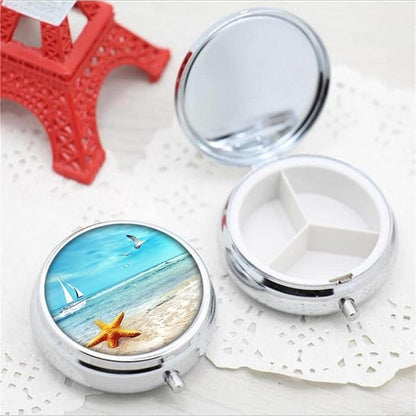 Pill Box,Beach Starfish Round Pill Box 3 Compartment Decorative Pocket Purse Portable Mini Travel Medicine Tablet Vitamin Holder Organizer Pill Case