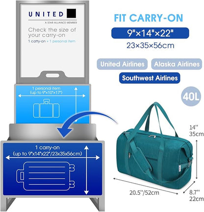 Narwey Carry on Bag 22x14x9 Airlines Approved Travel Duffel Bag Duffle Bag with Wet Pocket Overnight for Women and Men 40L (Teal)