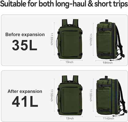Carry On Travel Backpack with Shoe Compartment Flight Approved Laptop Backpack Expandable Work Business Backpack for Women Men Casual Daypack, Dark Green
