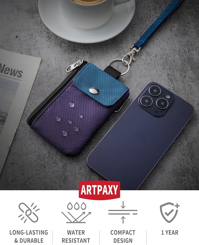 Minimalist Wallet For Mens Womens, Keychain RFID Blocking Zipper Small Wallet with ID Window 2 Lanyards,Water Resistant Travel Cash Card Coin Case Boys Girls