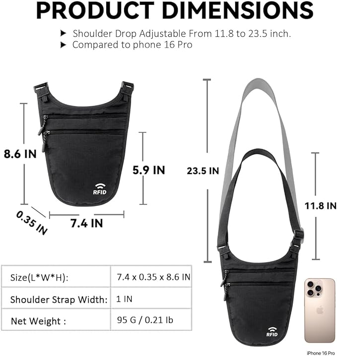 Crossbody Money Belt for Travel Women & Men Hidden, Travel Wallet Pouch - Slim Passport Holde, RFID Blocking Neck Wallet Under Clothes to Protect Cash, Credit Cards and Documents (BLACK)