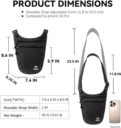 Crossbody Money Belt for Travel Women & Men Hidden, Travel Wallet Pouch - Slim Passport Holde, RFID Blocking Neck Wallet Under Clothes to Protect Cash, Credit Cards and Documents (BLACK)