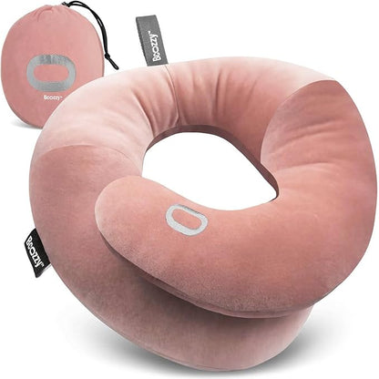 BCOZZY Travel Neck Pillow for Airplane– Patented Double Support for Head, Neck, and Chin. Best for Long Flights, Plane Sleeping, and Car Rides. Adjustable Size. Fully Washable. Carry Bag. Large, Nude