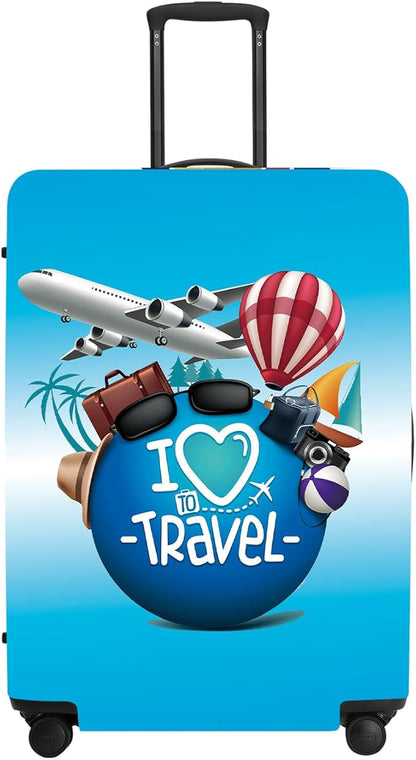 "I Love to Travel" Luggage Cover Set, Adventure Themed Suitcase Protector with Passport Stamp Prints, Elastic Fit for 18-32 Inch Bags, Wanderlust Gifts for Couples