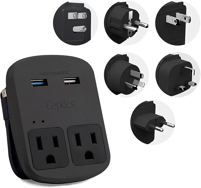 Ceptics World Travel Adapter Kit - QC 3.0 Dual USB + Dual US Outlets, Surge Protection, Perfect For Europe, UK, China, Australia, Japan, Perfect For Laptop, Cell Phones, Cameras - Safe ETL - Black