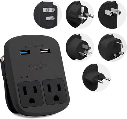 Ceptics World Travel Adapter Kit - QC 3.0 Dual USB + Dual US Outlets, Surge Protection, Perfect For Europe, UK, China, Australia, Japan, Perfect For Laptop, Cell Phones, Cameras - Safe ETL - Black