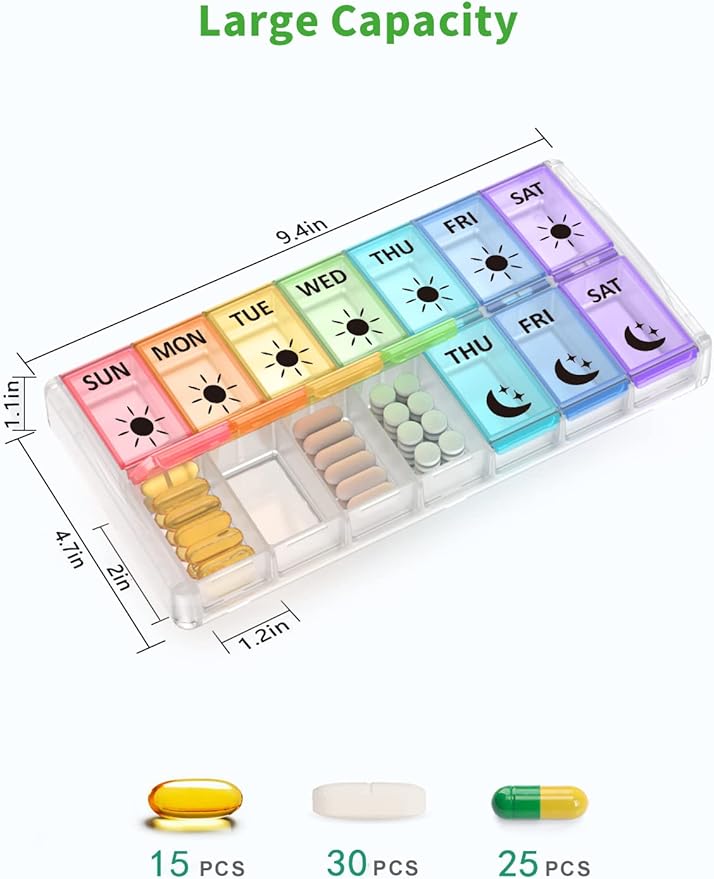 Weekly Pill Organizer 2 Times a Day Extra Large 7 Day Easy Fill Quick Fill Portable Fullicon AM PM Pill Box for Supplement, vitamine, and Medicine - (Patent Registered)