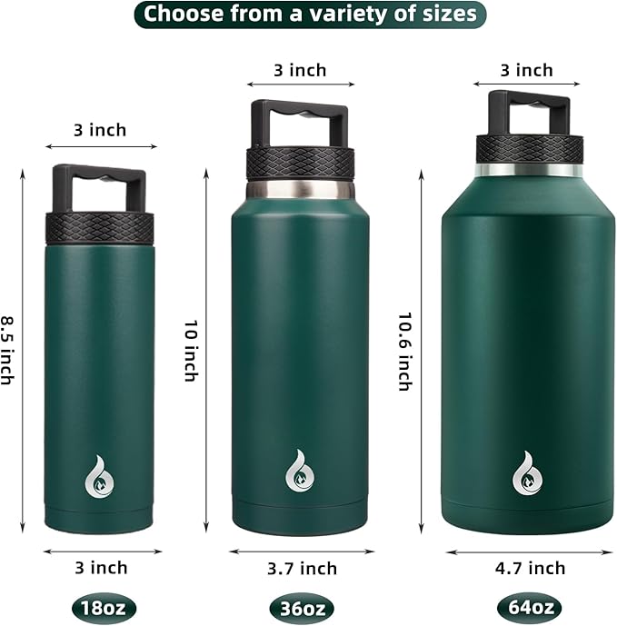 BJPKPK Half Gallon Water Bottle Insulated, Dishwasher Safe 64 oz Water Bottle with Handle, Leakproof BPA Free Thermal Flasks, Large Stainless Steel Jug for Sports, Army Green