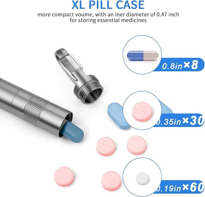 TISUR Keychain Pill Holder, Small Titanium Pill Case,Travel Pill Box Container,Variable Lengths Portable Pill Organizer Waterproof Metal Case Bottle(Gray Titanium XL-4.4inch)