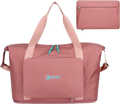 Expandable Travel Duffle Bag for Women Men, Lightweight Foldable Travel Tote Bags Gym Bag, Large Waterproof Carry On Weekender Overnight Bag with Wet Pocket for Workout, Fitness, Shopping Pink