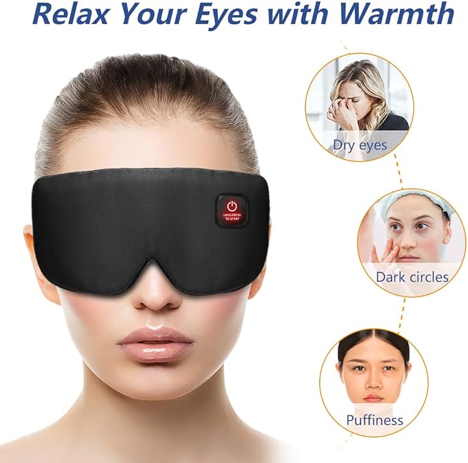 Heated Eye Mask Cordless for Dry Eyes, USB Eyes Heating Pad, Rechargeable, Real Silk, Sleep Mask for Men Women, Warm Eye Compress for Relief Stye, Blepharitis, Chalazion Black