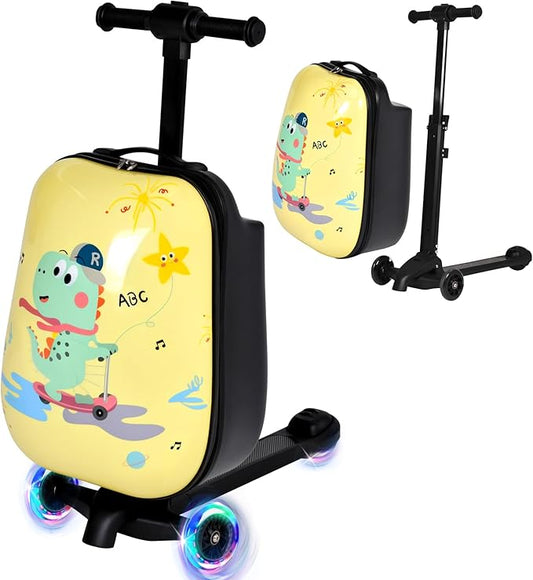 smilesun 4-in-1 Detachable Scooter Luggage for Kids & Teens, Hardside Ride-On Suitcase with Dinosaur Design, Lightweight Foldable, Perfect Travel Gift for Boys(Yellow 22-inch)