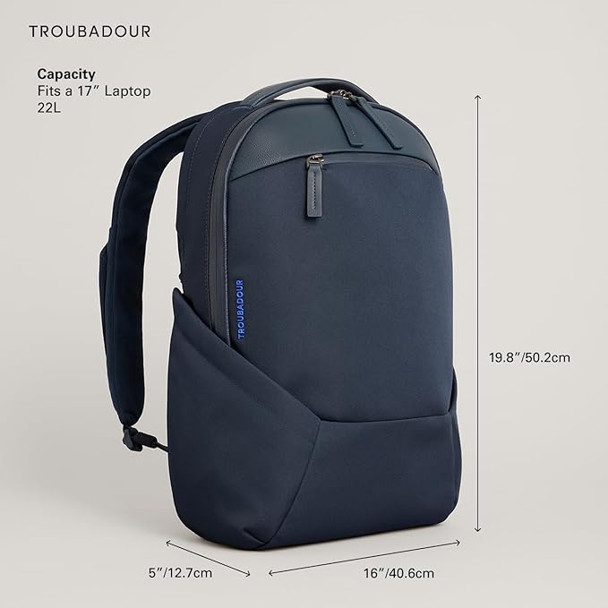 Troubadour Apex 4.0-22L Premium Laptop Backpack - Ergonomic & Water Resistant - Designed for Work and Travel - Ink Blue
