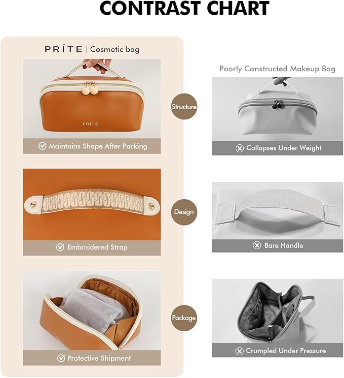 Prite Makeup Bag for Women Travel Waterproof Vegan Leather Cosmetic Bag Open Flat Toiletry Bag With Clear Divider and Handle (Large Brown)