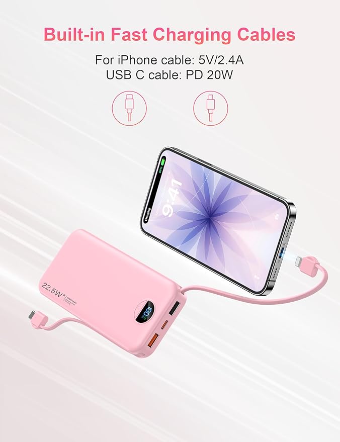 Portable Charger with Wall Plug, 12000mAh USB C Power Bank Fast Charging, External Battery Pack with Built in Cables, Digital Display, 5 Output 4 Input for iPhone Android Cell Phone Tablet