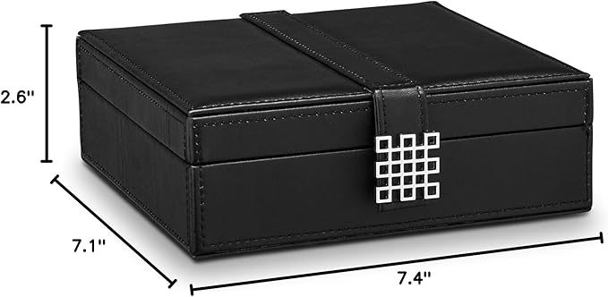 Glenor Co Ring Box Organizer - 54 Slot Classic Jewelry Display Case Holder - Storage Tray with Modern Buckle Closure, Large Mirror - for Rings and Cufflinks - Small for Travel - PU leather - Black