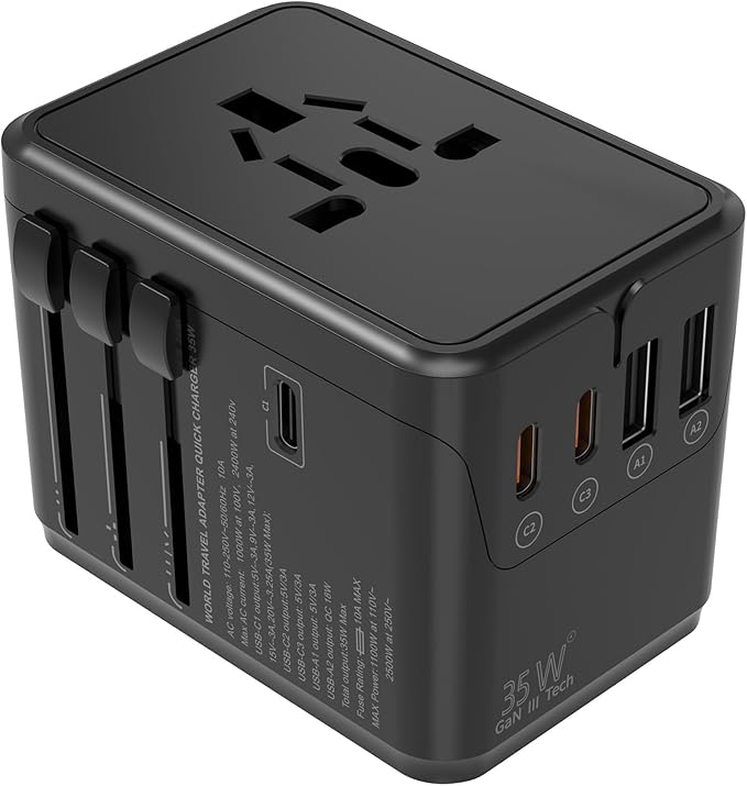 Universal Travel Adapter Worldwide- 35W GaN III/PD Fast Charge European Travel Plug Adapter with 3 USB-C& 2 USB-A Ports, International Power Adapter for US to Europe UK AUS Japan(Type C/G/A/I) (black)
